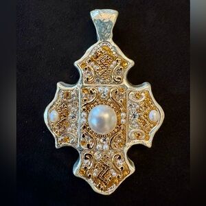 Orit Schatzman Israel Designer Elegant Gold and Silver Pendant with Pearl 2 1/2”